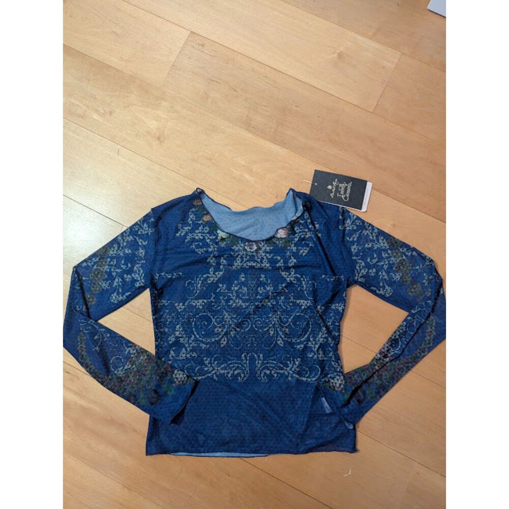 NWT Ballet Rosa x Isabella Caravola blue mesh floral top  AS Adult Small Dance